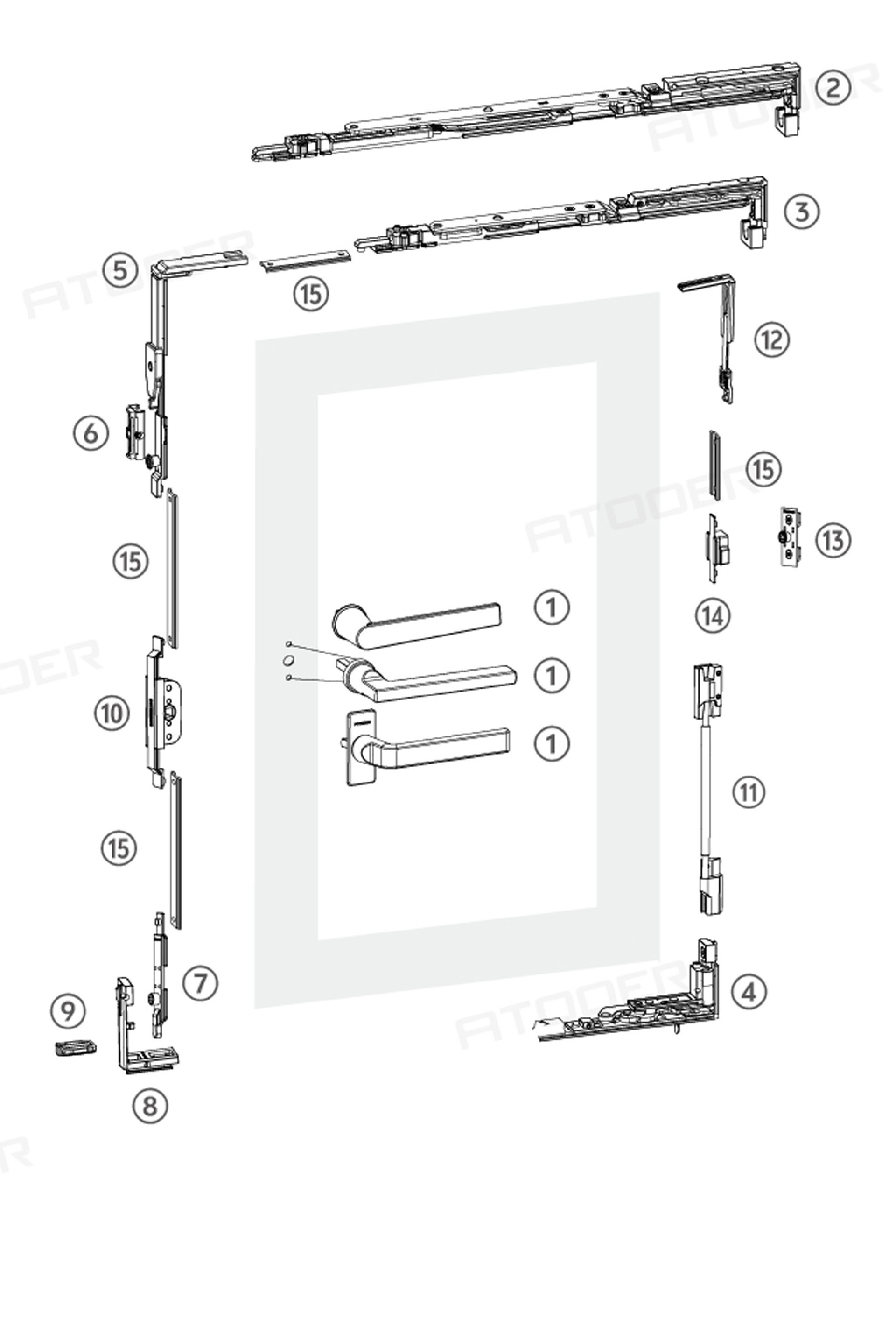 180-degree internal sliding window hardware system